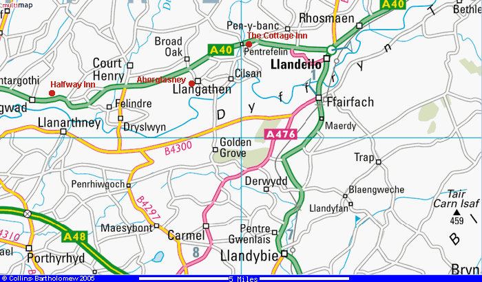 Map of the area around Llandeilo