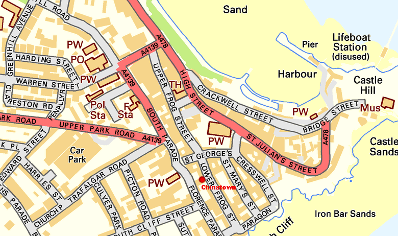 Map of Tenby showing the position of the Chinatown Restaurant